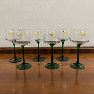 Set of 6 Emerald Stem Crystal Wine Glasses | Vintage Luminarc Hock Wine Glasses